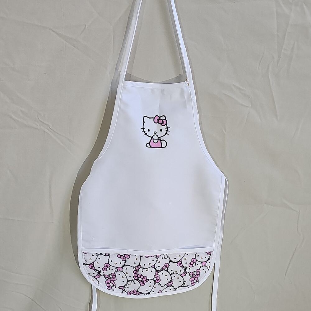 Upcycled White and Pink Hello Kitty Bib with Printed Front Pocket